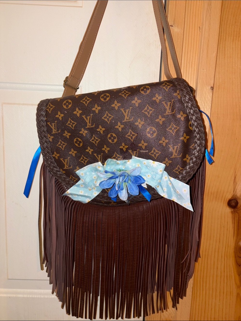 LV designer Monogram altered Fringe DIY Shoulder Bag with Blue Floral Accent
